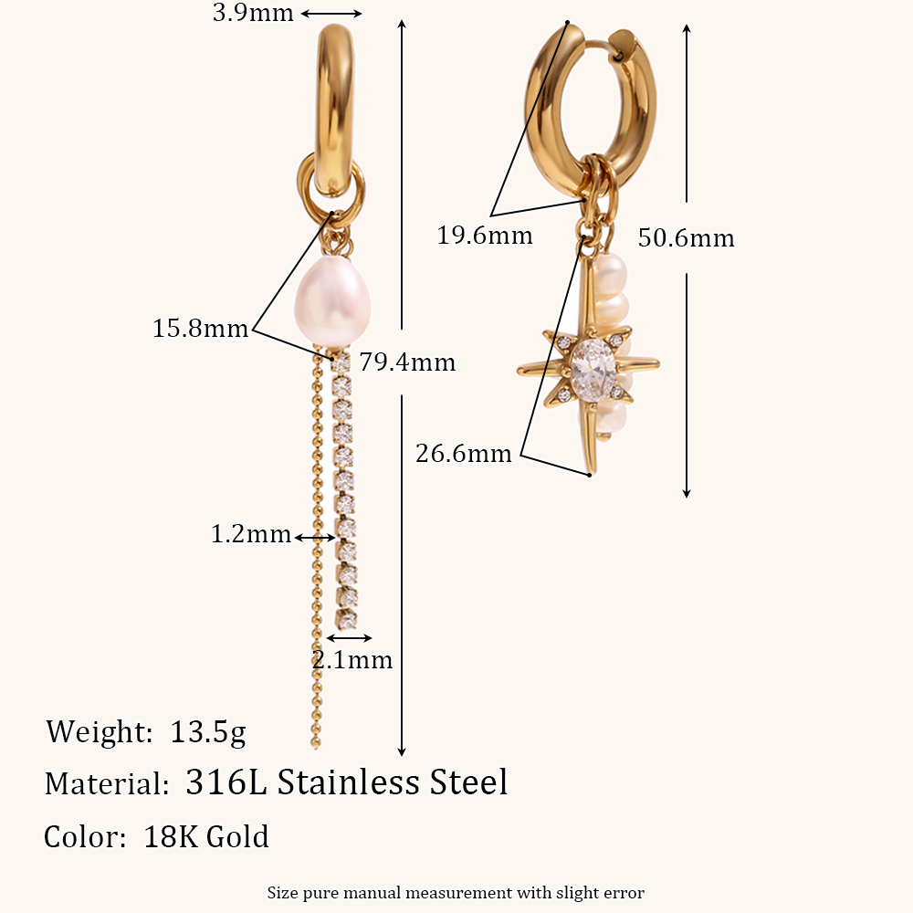 Pendientes de acero inoxidable con diamantes asimétricos para mujer, aretes de aros dorados con dije de perla, joyería de , accesorios para: Color amarillo dorado claro