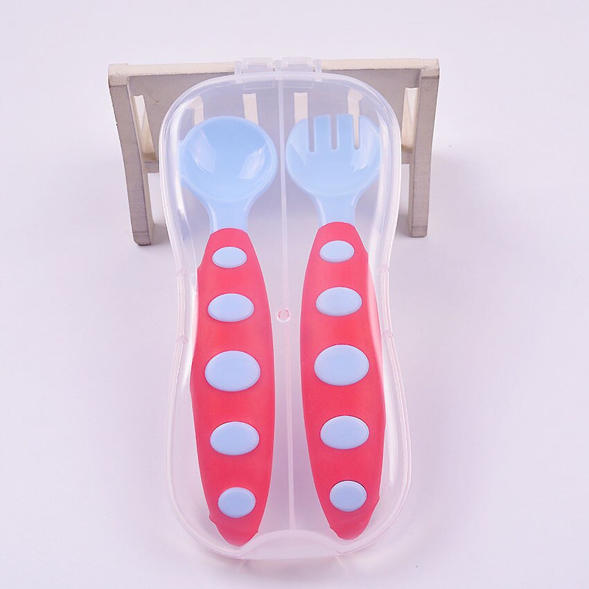 Cubiertos de dos colores para niños pequeños, juego de tenedor, cuchara, funda, utensilios de alimentación para bebés, caja libre de BPA, fácil de llevar