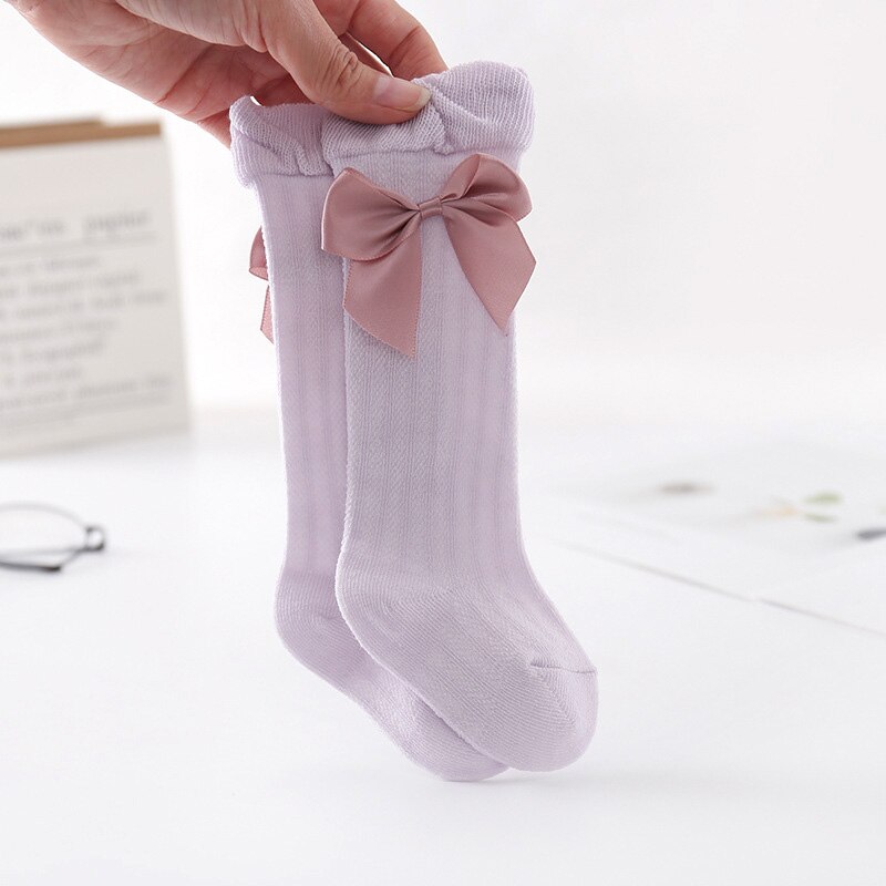 Søde baby pige sokker bowknot sommer spædbarn toddler knæ høje sokker ensfarvet åndbar blød bomuld piger lange sokker: Lilla