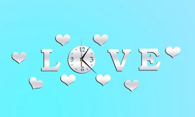 Reloj de pared de 3D, reloj de pared adhesivo con espejo, pegatina de reloj grande, decoración para el hogar, , pegatinas de pared DIY: LOVE silver