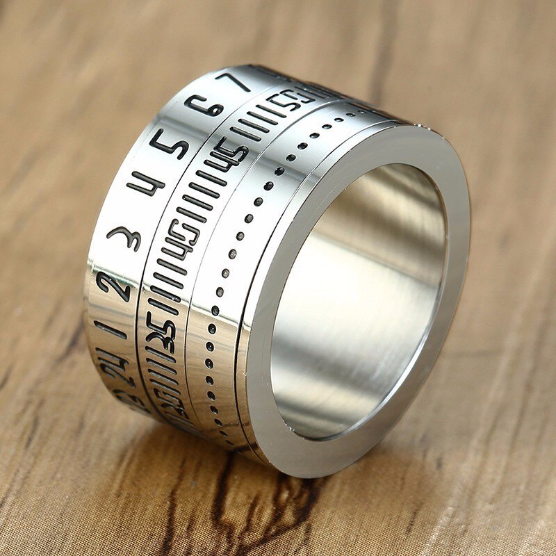 14MM Wide Mens Arabic Numerals Time Spinner Rings in Stainless Steel Spinning 3 Part Index Finger Ring