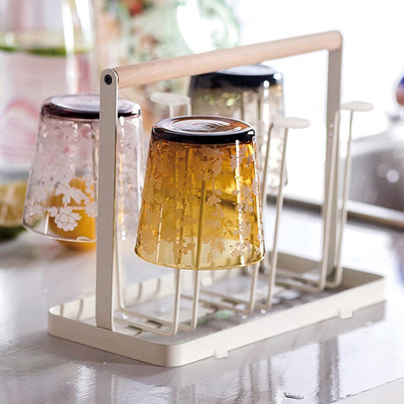 SHGO -Cup Droogrek Stand, 6 Cup Metalen Afdruiprek Holder Rack Antislip Mokken Cups Organizer met Houten Handvat