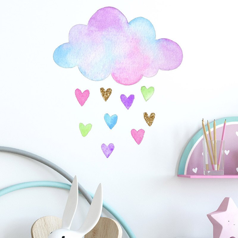 Tofok kleurrijke harten wolken decoratieve sticker aquarel stijl baby kinderkamer kunst muurschildering stickers waterdichte pvc sticker