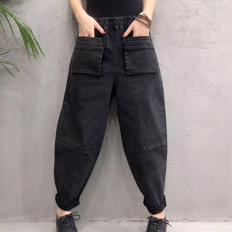 Pantalones vaqueros bombachos de algodón para mujer, pantalón informal, holgado, con cintura elástica y doble bolsillo, Vintage, color negro, Primavera, nueva coreana, S609