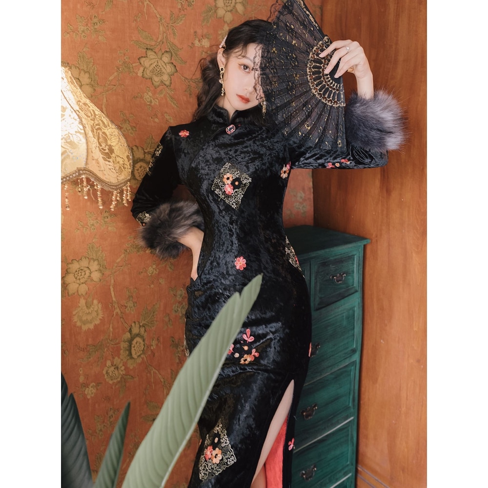 Chinese Traditional Dress Cheongsam Dress Long Sleeve Dress: M