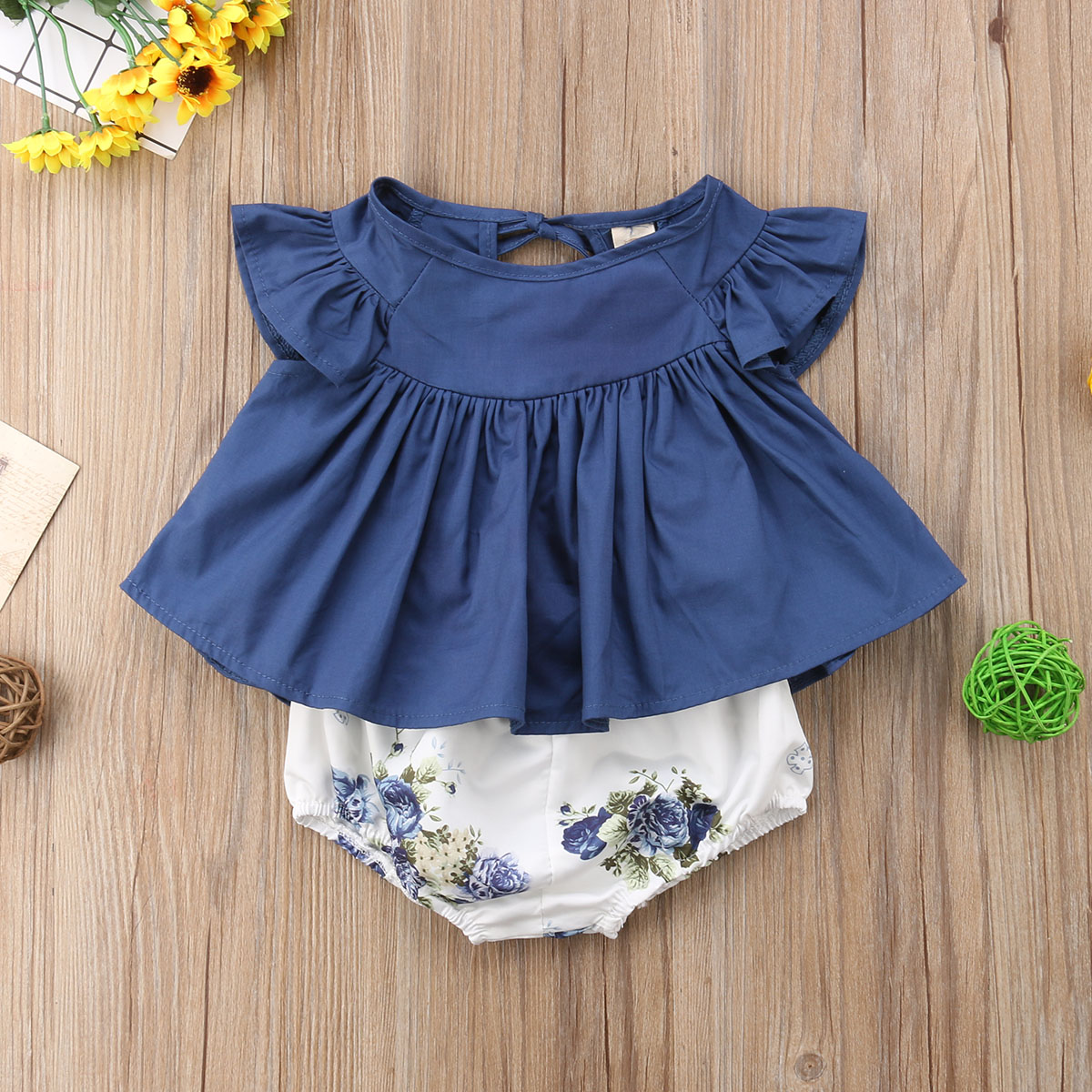 Pudcoco nyfødte baby pige tøj blomstermønster ærmeløs kjole toppe korte bukser 2 stk outfits bomuldstøj: Blå / 24m