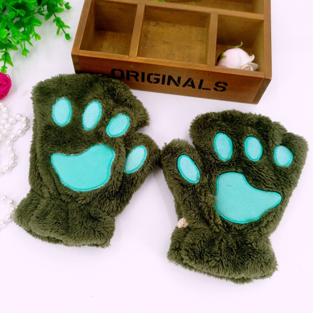 Gants demi-doigt épais en velours pour femmes, garde la chaleur, mitaines en peluche avec patte de chat épaisse, doux: green