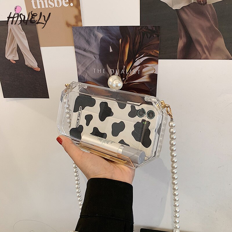 2022 moda trasparente scatola acrilica pochette borsa da donna trasparente borsa a forma di botte di plastica borsa da festa per ragazza con catena di perle