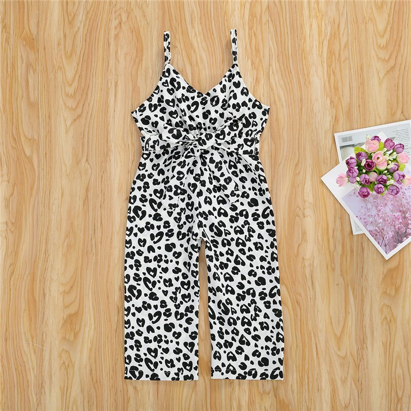 1-6y børn baby piger tøj leopard print overalls casual bukser ærmeløse v-hals bælte sommer romper jumpsuits 4 farver