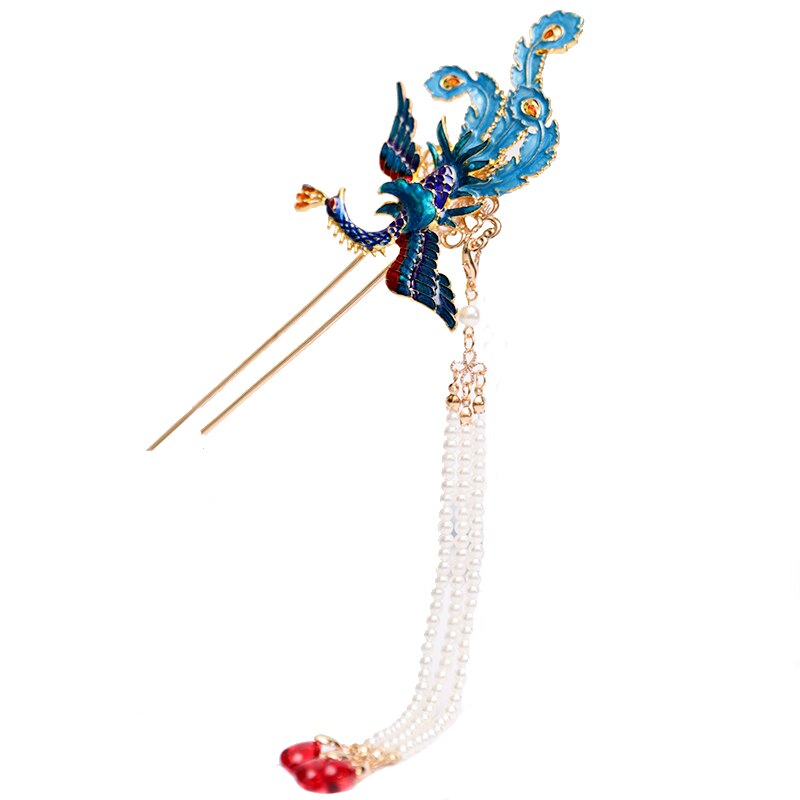 Antik cloisonne kanzashi lang kvast step shake oldgammel kostume hovedbeklædning hårnåle hårstift cosplay phoenix hanfu tilbehør
