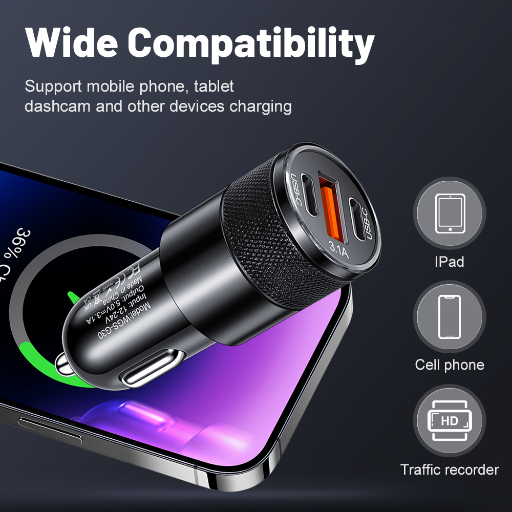 Cargador de coche 3.1A 1USB + 2 tipo C, adaptador de teléfono de carga rápida para Xiaomi, Huawei, cargador de teléfono, adaptador de coche, enchufe, encendedor de cigarrillos