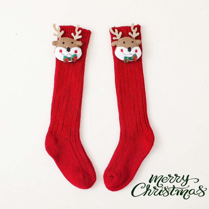 Calcetines hasta la rodilla con dibujos de alce navideño para bebé, niño y niña, medias suaves de algodón para niño y niña, medias cálidas para piernas: A / L(13cm)