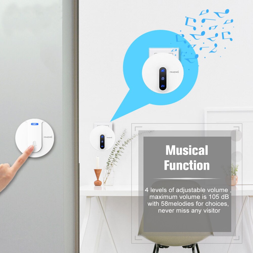 Wireless Self-powered Doorbell Transmitter Receiver Unique 58 Melodies 4 Levels Volume Adjustment Outdoor Waterproof Door Bell