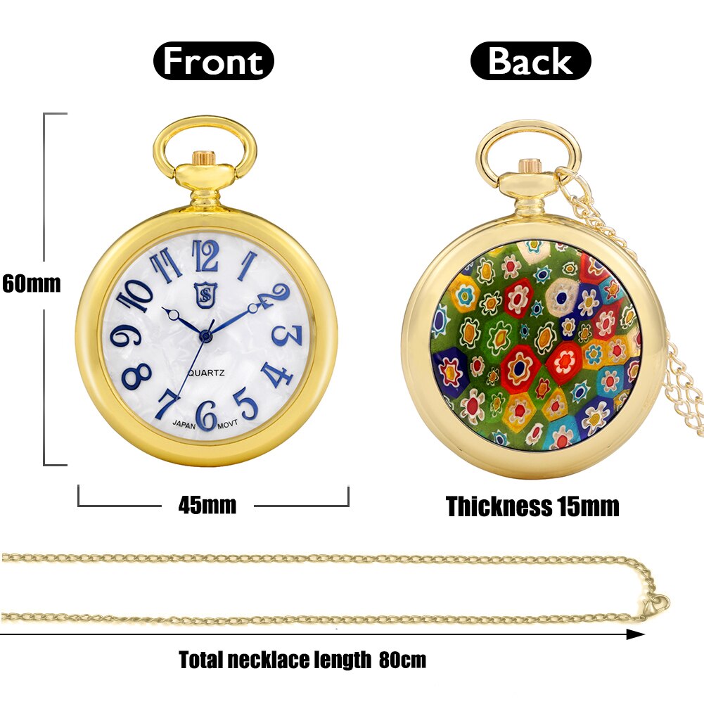 Girls Golden Style Pocket Watch Fashionable Colorful Flowers Pendant Watch Shell Chain Birthday Reloj De Bolsillo