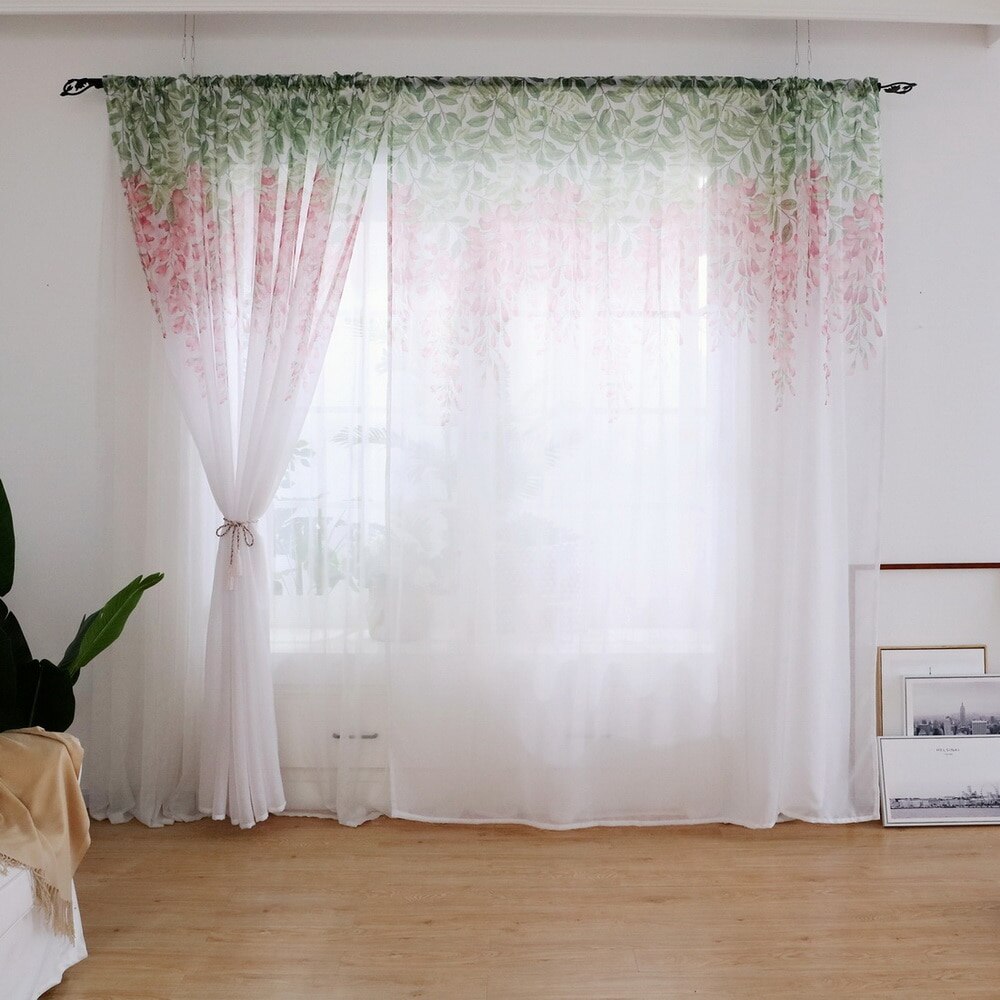 Tulle Curtain Printed Modern Flower Separated Tulle Living Room Bedroom Kitchen Draped Panel Transparent Home: YELLOW / 100x270cm