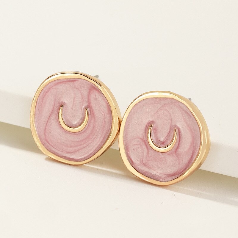 Cute Sweet Moon Star Stud Earrings for Women Korea Style Enamel Round Coin Statement Earrings Party Jewelry: Pink