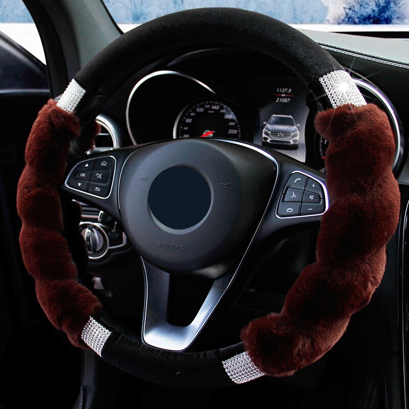 Housse de volant en fourrure hiver peluche diamants antidérapant poignée chaude couverture sur le volant housse de direction accessoires de voiture: Marron