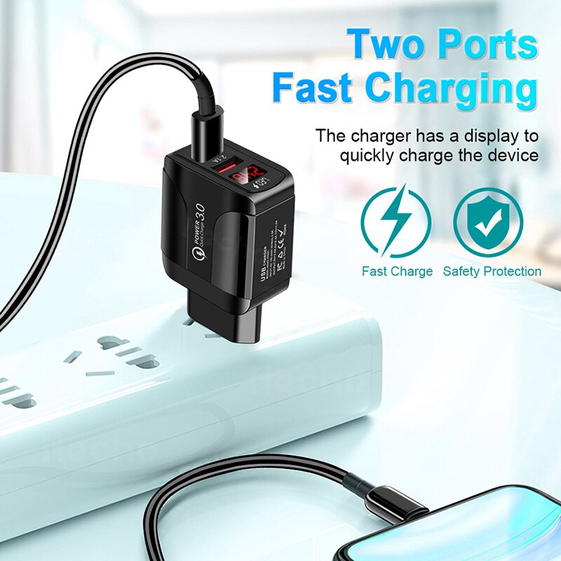 Cargador USB de 18W para móvil, dispositivo de carga rápida con pantalla LED QC 3,0 de 2.4A, doble USB, para iPhone, Samsung, Xiaomi, Huawei