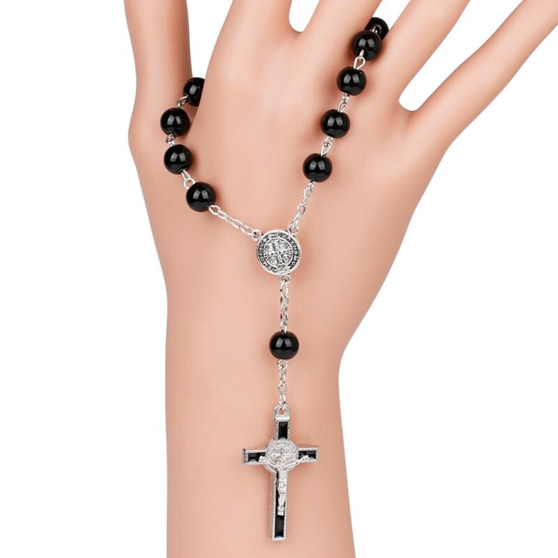 Pulsera de esmalte con cruz de Jesús para hombres, brazalete de cuentas negras con conectores de San Benito, para de Navidad