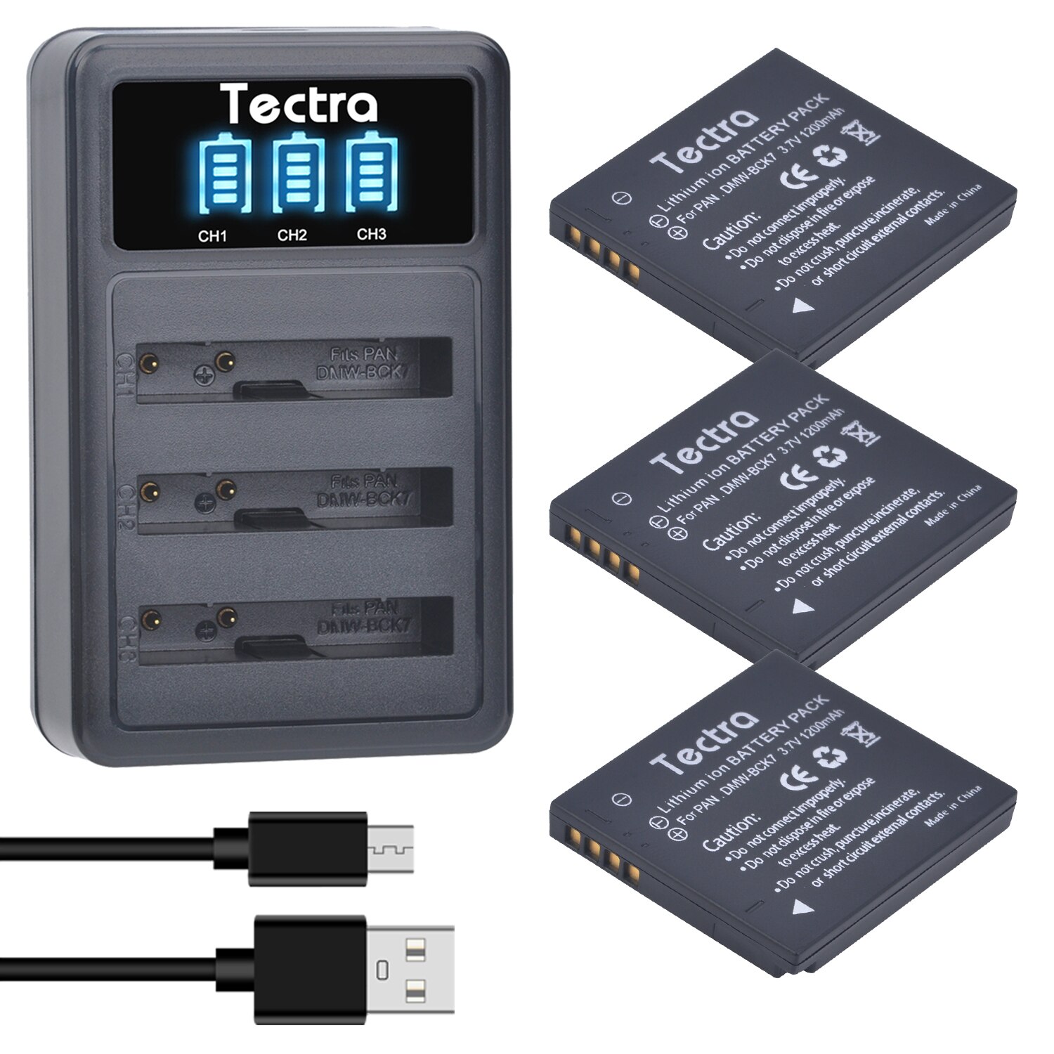 DMW-BCK7 Batterie + LED USB Chargeur pour DMW BCK7E BCK7PP NCA-YN101G Panasonic Lumix DMC-FH25 FH27 FP5 FP7 FS16 FS22 FS35 FS37 S1: 3 battery set