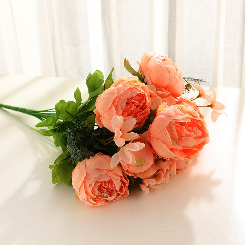 13 grener små ferske, kunstig silkepionbuketter store blomster til bryllupsfest kontorhotell og hjemmedekorasjon: 14