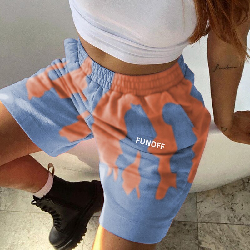 Casual Women Sports Shorts Hip Hop Running Shorts Letter Printed Elastic High Waisted Summer Shorts: Blue / L