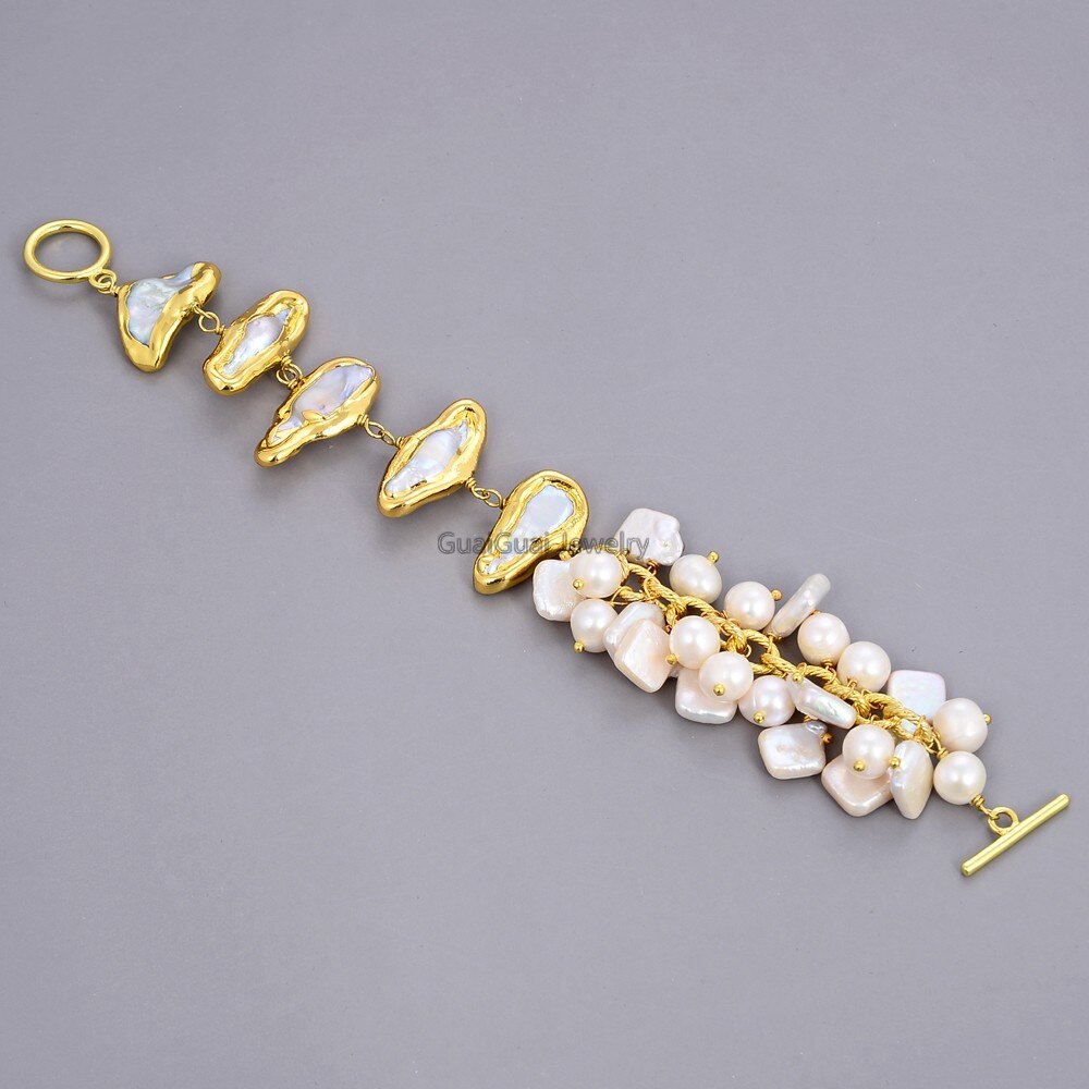 GG Jewelry 8'' Freshwater White Biwa Keshi Pearl Potato Pearl Chain Bracelet