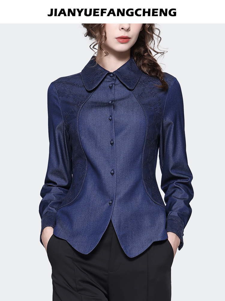 Women Long Sleeve Blue Denim Shirt Spring Vintage Embroidered Tops Pointed Collar Casual Button-down Blouses