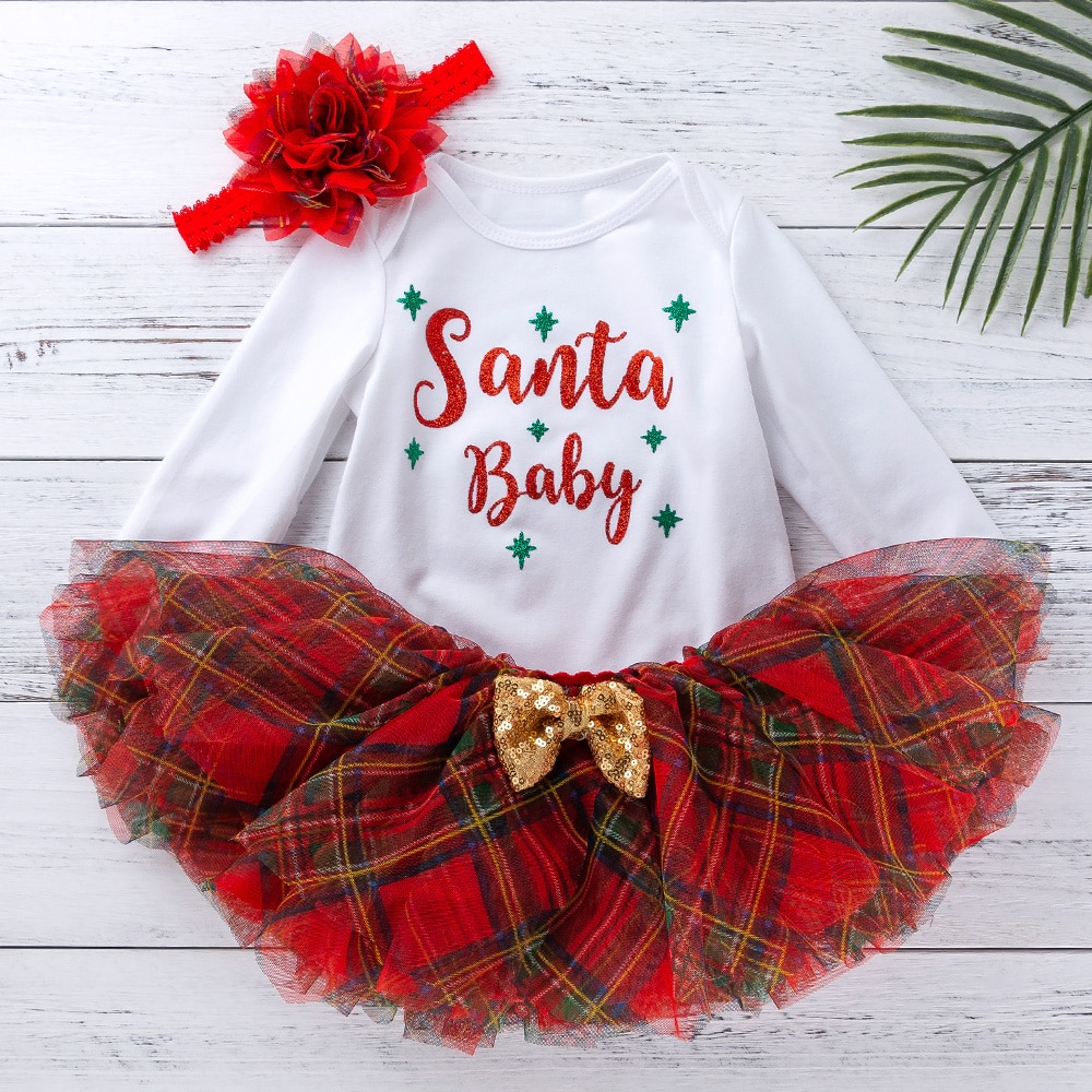 Kerst Rood Rooster Tutu Rokken Bloem Lange Mouw Rompertjes Baby Kleding Set Baby Meisje Kleding Katoenen Sokken Hoofdband 3/4Pcs