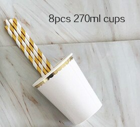 65 stk hvidt engangsservice sæt engangs papir tallerken halm kop guld stempel til bryllup fødselsdag dekoration fest forsyninger: 8 stk 270ml kopper