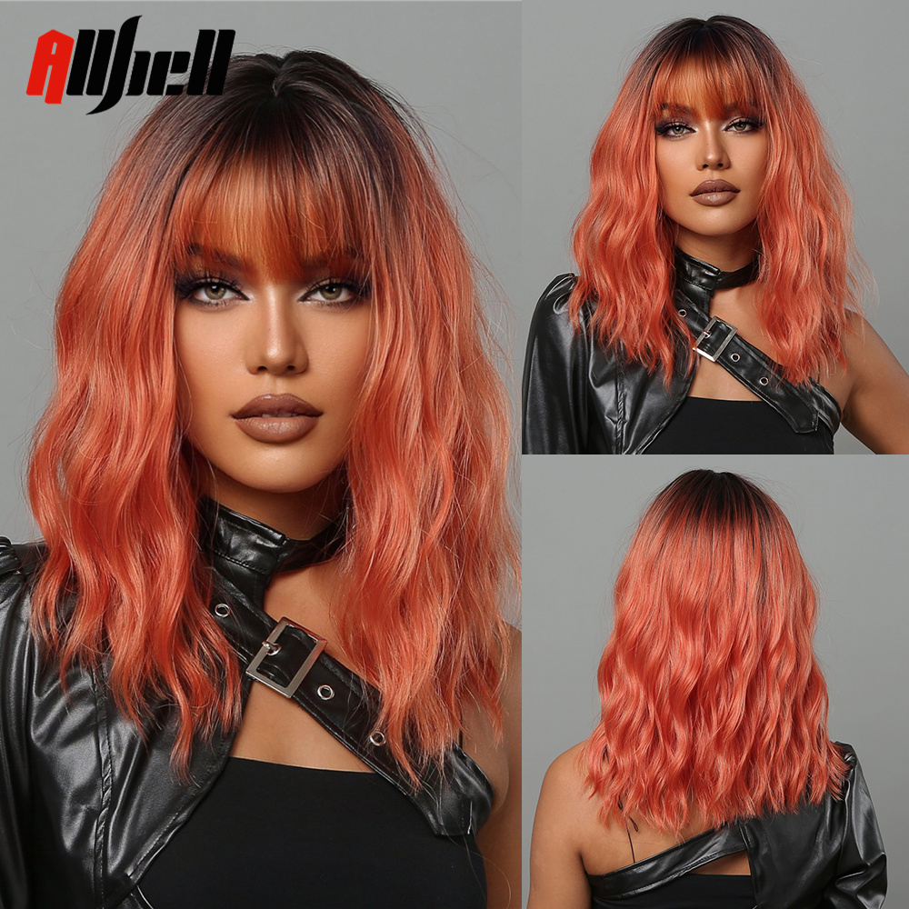 Pelucas onduladas naturales sintéticas de jengibre y cobre corto, peluca Bob naranja para Halloween con flequillo resistente al calor para mujer, peluca de Cosplay