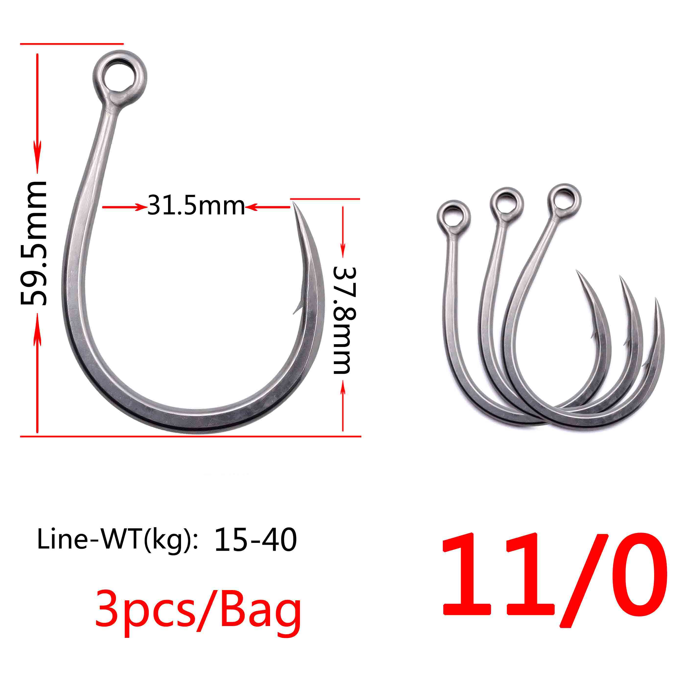 5x #1-#13/0 hameçons simples pour la pêche en mer et la pêche à la traîne, hameçon de pêche au leurre de mer à ardillon solide en acier à haute teneur en carbone: Taille 11-0