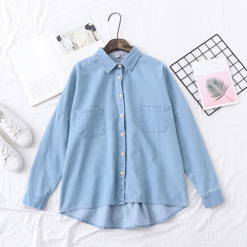 H.sa forårs jeans blusa og skjorter lange ærmer oversized knap sommer toppe denim outwear koreansk lomme camisas mujer femme