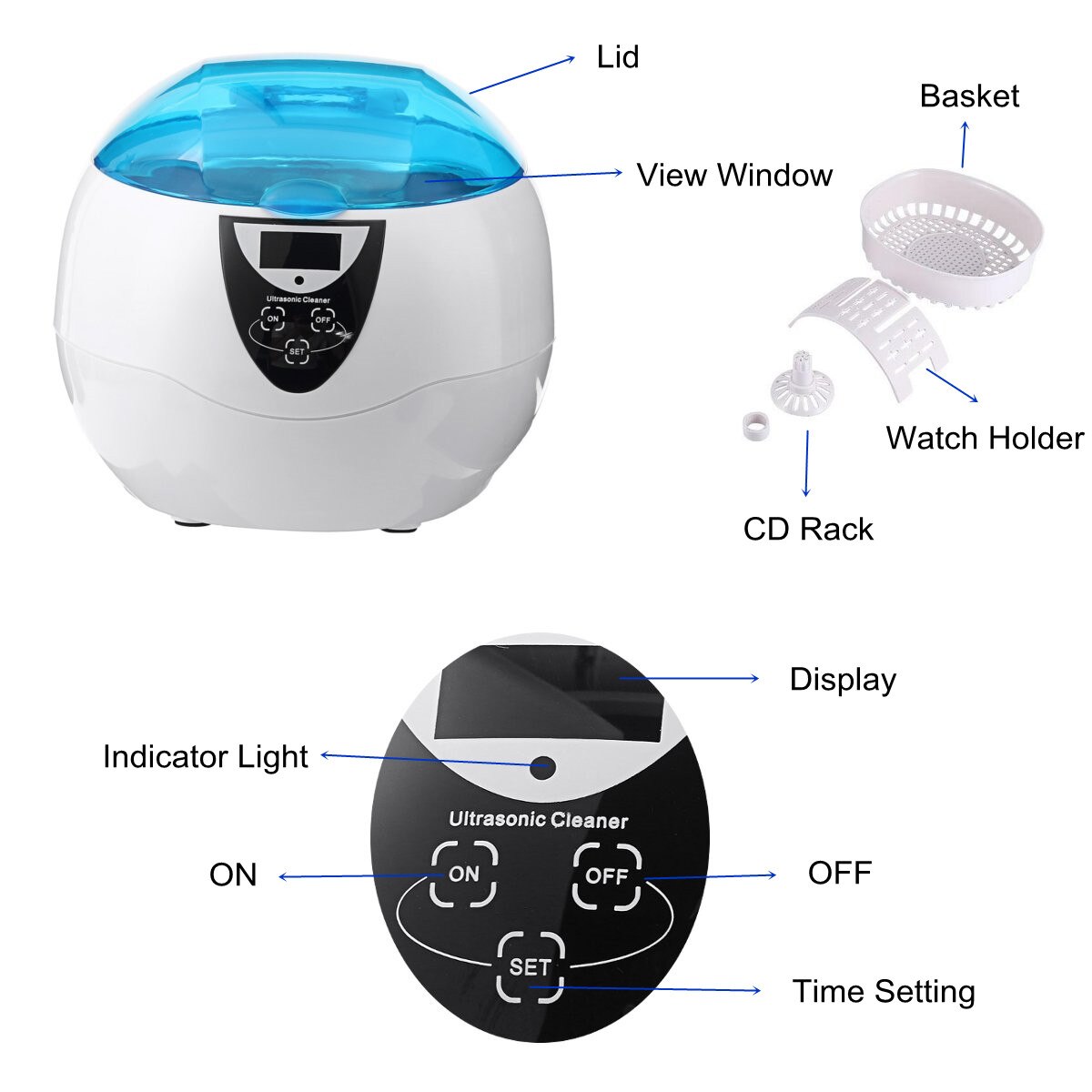 750ml Ultrasonic Cleaner Bath Timer for Jewelry Parts Glasses Manicure Stones Cutters Dental Razor Brush Ultrasound Sonic 50W