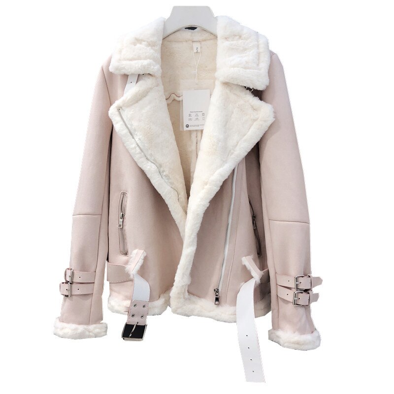 Vinter kvinnor mocka jacka tjock varm fusk lammull jackor kappa lös motorcykel skinnjacka kvinnlig streetwear