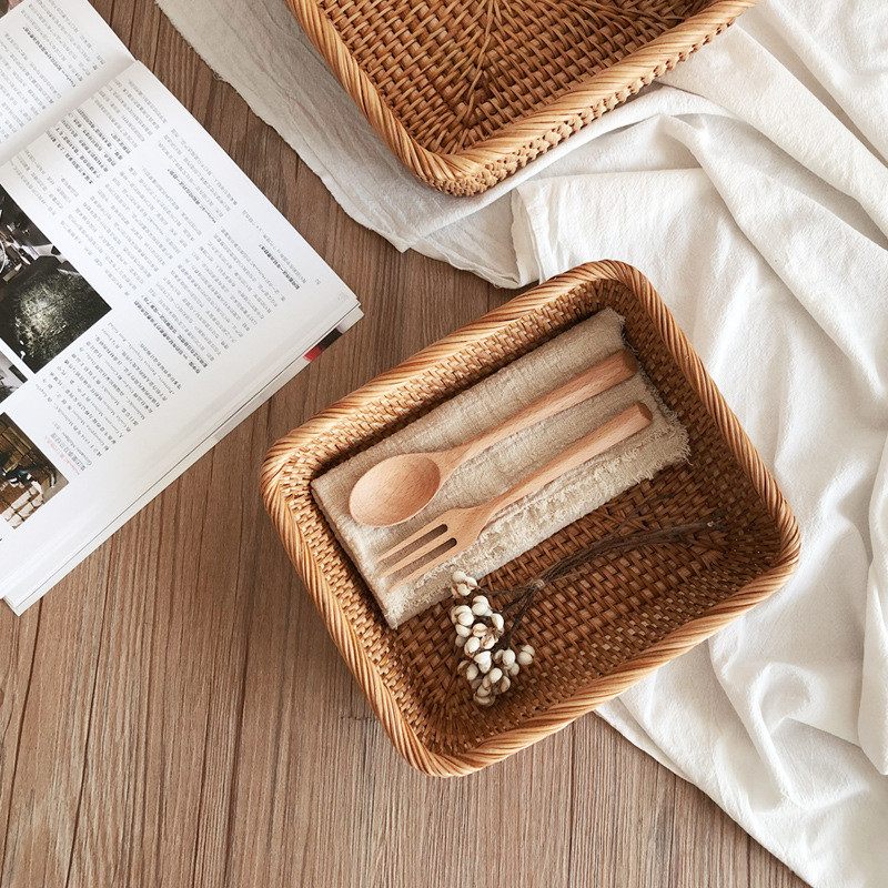 Handmade Rattan Storage Baskets Household Items Snacks Fruit Tea Bread Picnic Cosmetic Rattan Box Kitchen Supplies Organizer