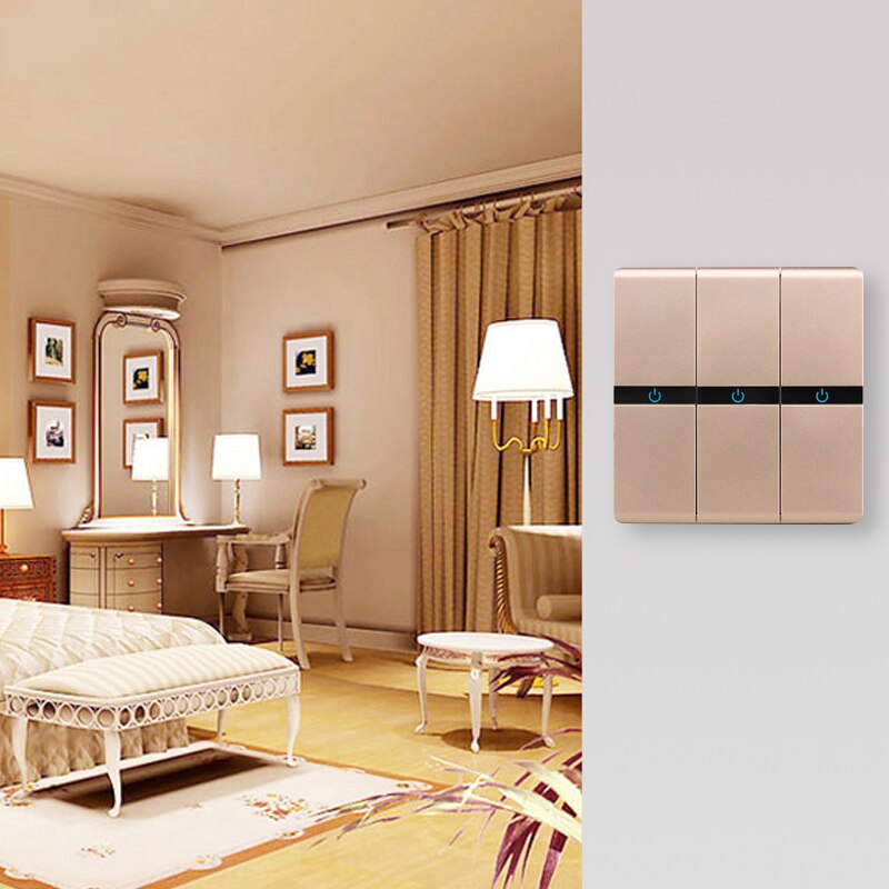 Luxury Wall Switch 1/2/3 Gang 2 Way Champagne Gold Wall Panel Push Button Switch Home Wall Light Switch LED Indicator Accessory