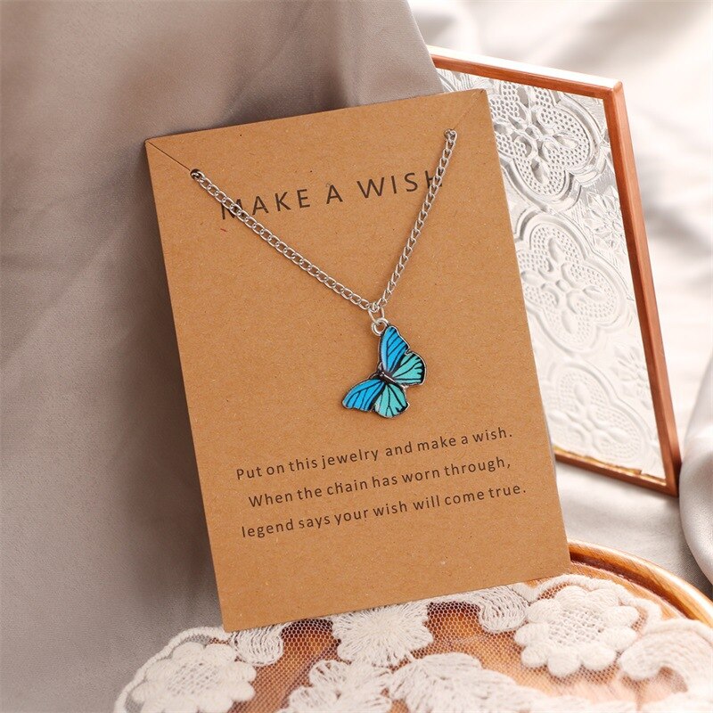 Koreanisch Blau Schmetterling Halsband Halskette Frauen Anhänger Hals Kette Wünschen Karte Freundschaft Schmuck Party Collier Mädchen