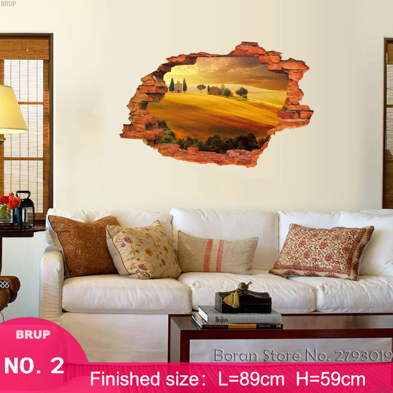 7 Kinds 89*59cm Nature landscape 3D Wall Stickers Hole View Art Landscape Wallpapers Beach Castle Tree Vinyl Mural Home Decor