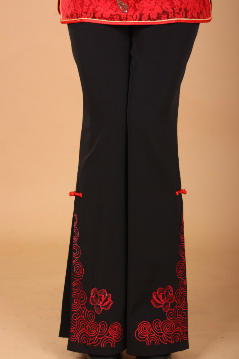 Zwarte Kleur Chinese Traditionele Vrouwen Nationale Borduurwerk Broek Volledige Lengte Broek Plus Size S -4XL Flare Broek Voor vrouwen