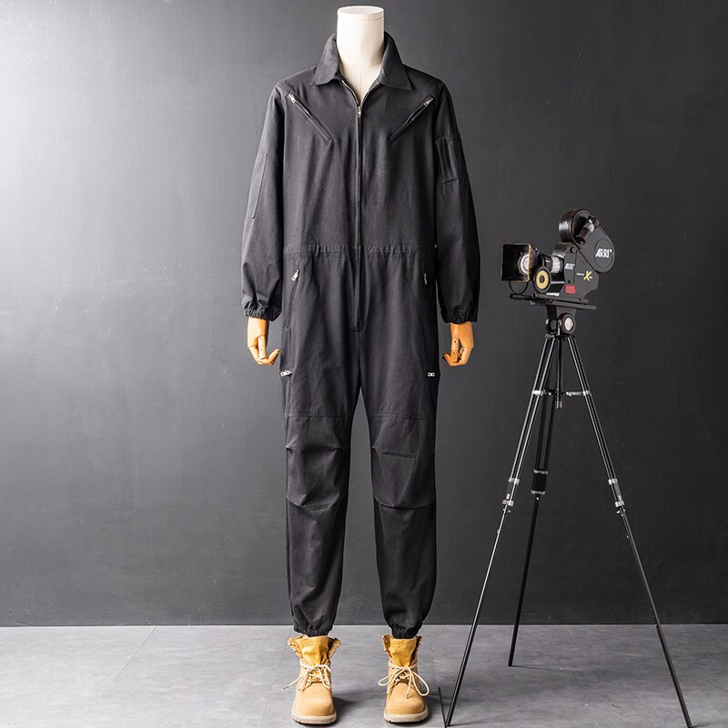 Mono de manga larga para hombre, ropa de trabajo japonesa, holgada, de algodón y Hip Hop, pantalones de color rosa y negro, otoño: L  60 - 65 KG / Black