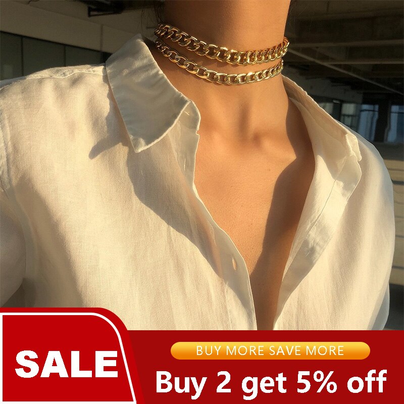 Two Layered Punk Rock Gold Aluminium Chain Choker Necklace For Women Thick Link Collar Clavicle Statement Jewelry Light Weight