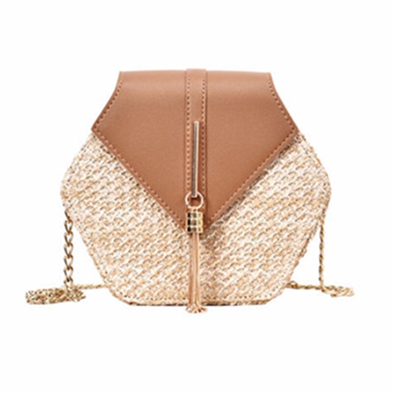 4 stilarter sekskant halm + pu læder håndtasker kvinderrattan taske håndlavet vævet by jogging taske: Brun