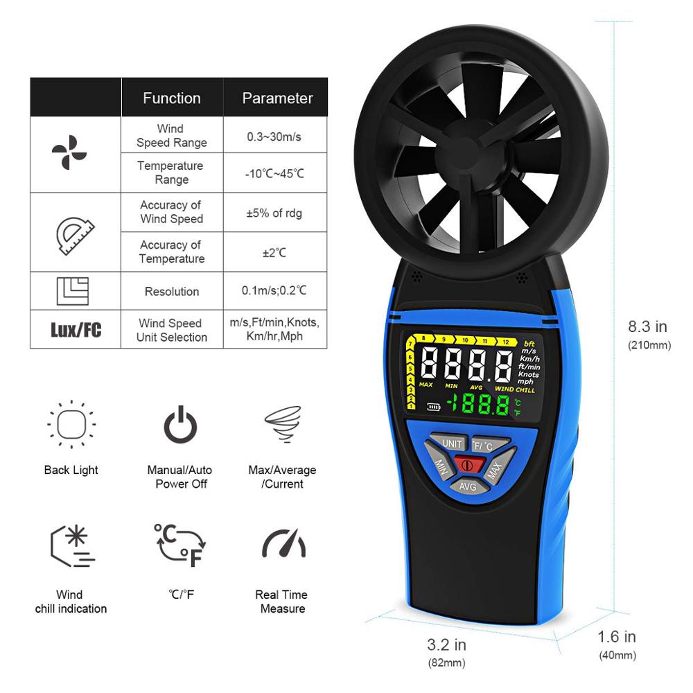 BTMETER-Anemómetro Digital de mano, medidor de viento para velocidad del viento, medidor de temperatura para barcos de tiro HVAC CFM, 8805