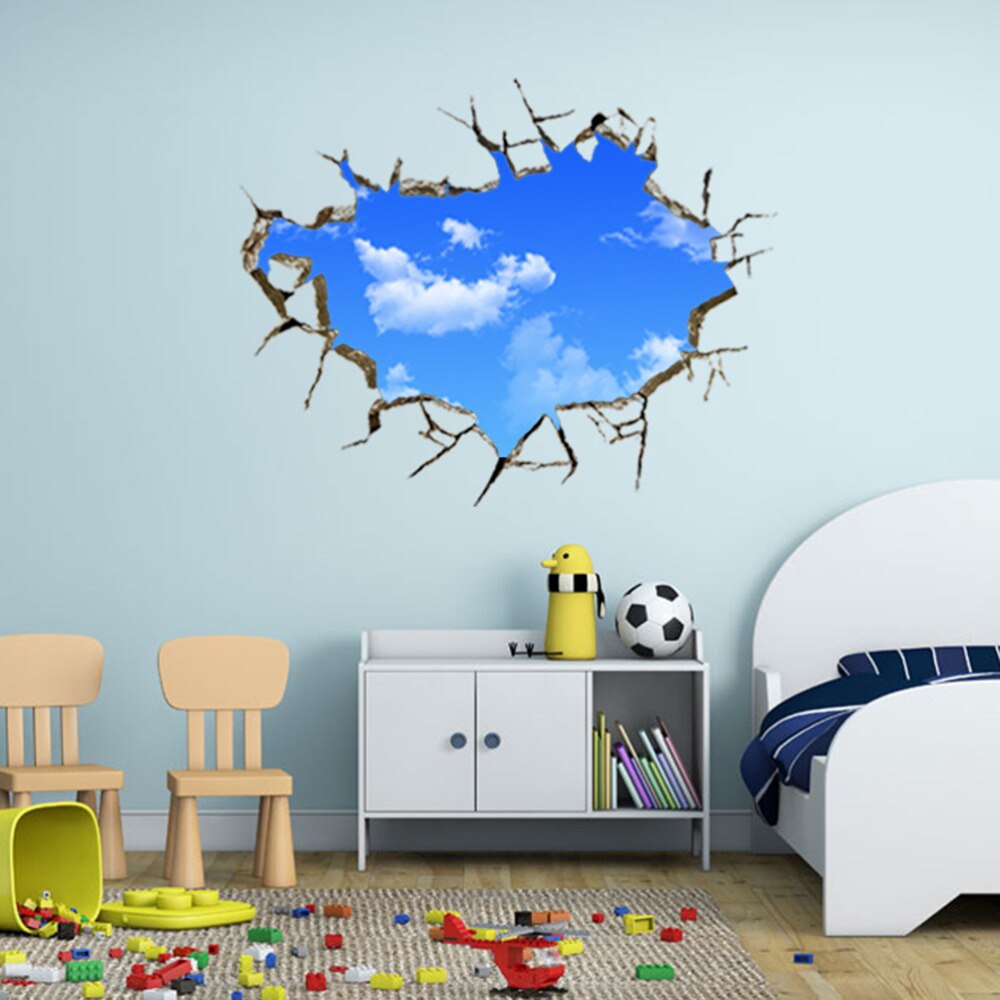 Window Hole Stickers Landscape Blue Sky White Cloud 3D Wall Sticker Home Decal For House Living Room Roof Decals
