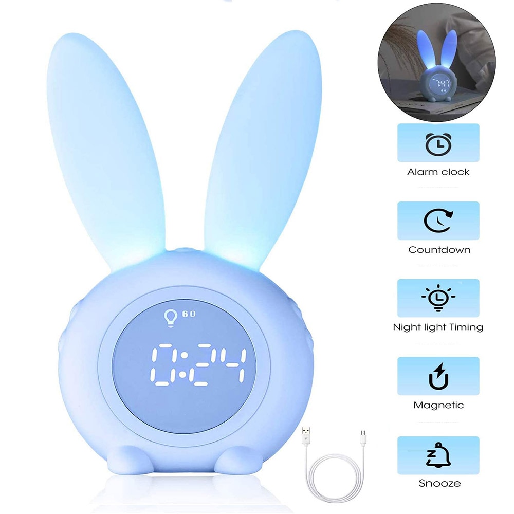 Cartoon Bunny Kids Wekker Oplaadbare Touch Control Nachtlampje Met 6 Ringtone Digitale Thermometer Sleep Timer Voor