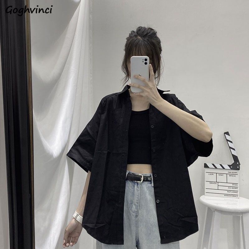 Blusas de manga tres cuartos para mujer, ropa de verano, color sólido, Ulzzang, prendas de vestir negras, Tops que combinan con todo, Ins Retro, estudiantes de