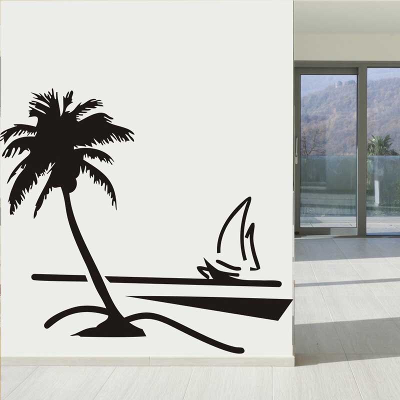 Palm Coconut Tree Decal Vinyl Art Wall Papers Sailboat beach Sticker for Home Decoration Bedroom Living Room Wallpap Y-235