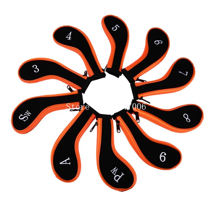 10Pcs Rubber Neoprene Head Cover Golf Club Iron Putter Protect Set Number Printed with Zipper Long Neck Iron Covers: Orange Black