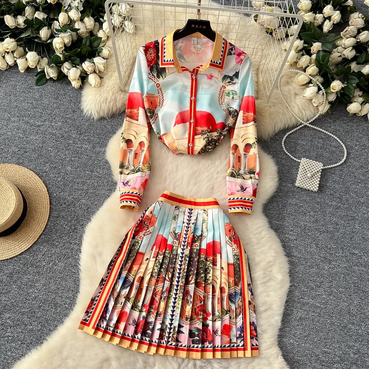 Sommar catwalk vacker blommig kjol kostym långärmad tryckt skjorta toppar + veckad minikjol dam s 2- delade outfits kjol: L / Beige